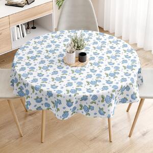 Goldea față de masă decorativă loneta - flori de hortensie albastră - rotundă Ø 150 cm