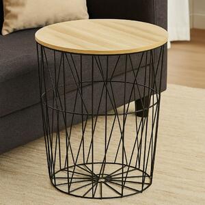 Masă rotundă cu coș de depozitare Jumi, MDF și bază metalică, negru și maro, 57x47x47 cm