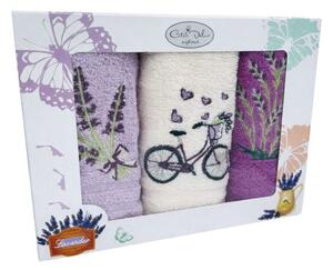 Set 3 prosoape bucatarie cu broderie, bumbac 100%, Lavanda si bicicleta