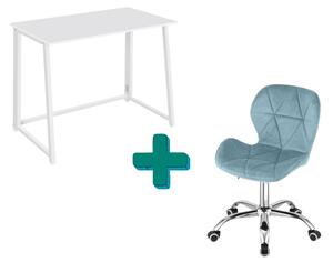 Set pentru birou – birou pliabil ZARIMO 80×40 cm, alb + scaun de birou AVOLA VELVET albastru deschis