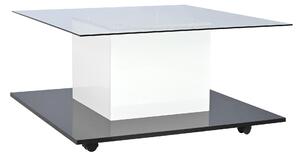 Măsuță de cafea modernă din sticlă lucioasă cu bandă LED reglabilă și roți pivotante, 80×80×40 cm, Alb+Negru