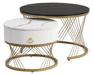 Set de 2 Măsuțe de Cafea Moderne Modulare din Marmură Sintetică cu Detalii Aurii și Sertare, Dimensiuni 70x70x45 cm și 50x50x40 cm, Negru
