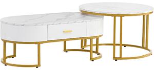 Set de 2 Măsuțe de Cafea Moderne cu Structură din Metal Auriu și Rafturi Spațioase, Dimensiuni 100x48x38,5 cm și 70x70x44,5 cm, Alb