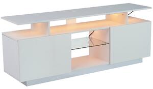 Modernă comodă TV cu iluminare LED în 16 culori, panou frontal lucios, raft de sticlă, 140×35×61 cm, Alb