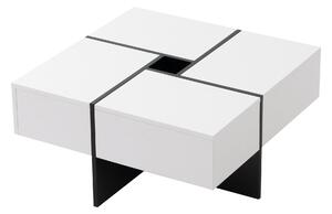 Elegantă măsuță de cafea lucioasă cu 4 sertare, compartiment de depozitare integrat, 70×70×35 cm, Alb+Negru