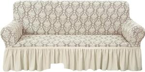 Husa elastica pentru canapea 3 locuri, cu volanas, model Jacquard, Bej Deschis