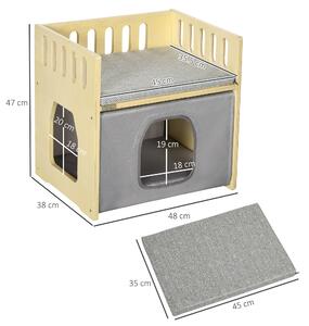 PawHut Casa pentru pisici cu 2 niveluri, cu perne detasabile si sine de siguranta, 48x38x47 cm, lemn, alb si gri | Aosom RO