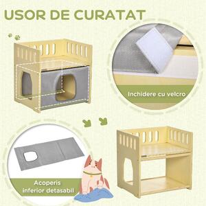 PawHut Casa pentru pisici cu 2 niveluri, cu perne detasabile si sine de siguranta, 48x38x47 cm, lemn, alb si gri | Aosom RO
