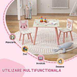 Set masă și scaun 3 piese ZONEKIZ pentru copii cu vârsta între 3-8 ani din MDF și lemn de pin cu desene animale, de culoare roz