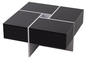 Elegantă măsuță de cafea lucioasă cu spațiu de depozitare integrat și 4 sertare, 70×70×35 cm, Negru+Alb