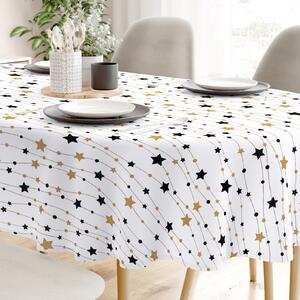 Goldea față de masă 100% bumbac - steluțe aurii și negre pe alb - ovală 120 x 160 cm