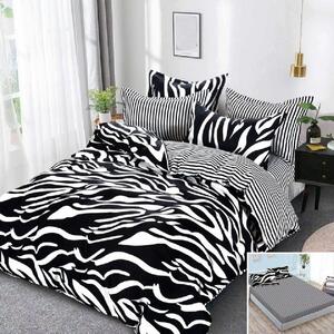 Lenjerie de pat, 2 persoane, finet, 6 piese, cu elastic, alb si negru, cu dungi zebra, LEL162