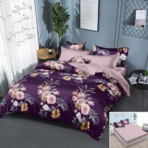Lenjerie de pat, 2 persoane, finet, 6 piese, cu elastic, mov , cu flori roz, LEL161