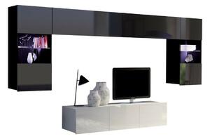 Camera de zi Providence B106Alb lucios, Negru lucios, Cu comodă tv, Cu componente suplimentare, Părți separate, PAL laminat, 300x43cm