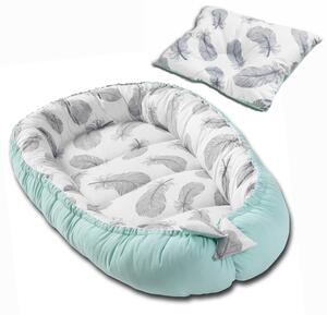 Cosulet bebelus pentru dormit Kidizi Baby Nest + pernuta plagiocefalie Kidizi Mint Feathers