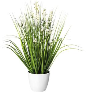 Plantă artificială amestec iarbă cu flori în ghiveci H 46 cm alb