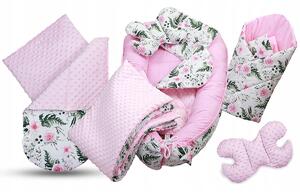 BabiM Set de pătuț pentru copii, cuib 6in1 MyBaby Minky Culoare: flori-roz