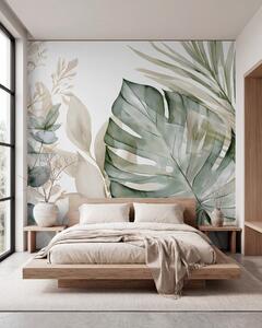 Tapet Frunze tropicale mari, în stil acuarelă, Fototapet Natură, w05867 : Uwalls.ro