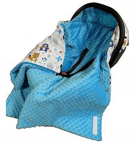Vulpi Wrap minky pătură pentru scaunul auto, cărucior cu fixare și glugă 95x95 Culoare: albastru-animale