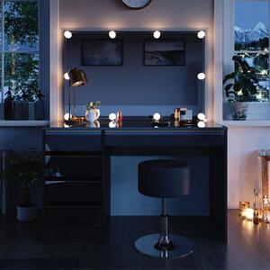 SEN253 - Set Masa toaleta, 120 cm, cosmetica, masuta machiaj, oglinda cu sau fara LED, cu sau fara scaun tapitat - Negru Lucios - Auriu