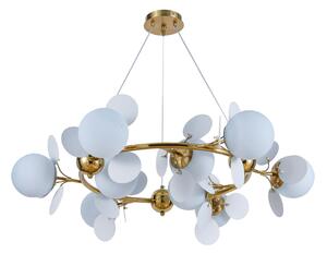 Candelabru modern, 9 globuri albe din sticla, dulie 9xE27 + 27 petale albe, diametru 89CM, inaltime 100cm, culoare corp auriu