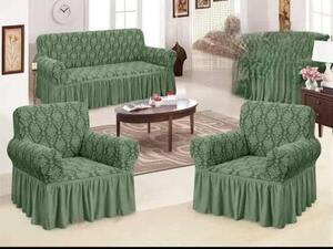 Set huse elastice pentru canapea 3 Locuri si 2 fotolii, cu volanas, model Jacquard Verde