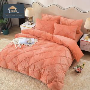 Lenjerie de pat, catifea, 2 persoane, 4 piese, cu elastic, UniDeluxe cu pliuri, 180x200cm, portocaliu , LFC807