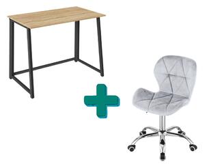 Set pentru birou – birou pliabil ZARIMO 80×40 cm stejar sonoma + scaun de birou AVOLA VELVET gri deschis
