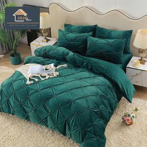 Lenjerie de pat, catifea, 2 persoane, 4 piese, cu elastic, UniDeluxe cu pliuri, 180x200cm, verde inchis, LFC809
