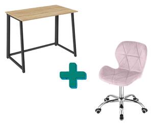 Set pentru birou – birou pliabil ZARIMO 80×40 cm stejar sonoma + scaun de birou AVOLA VELVET roz