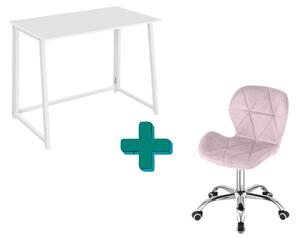Set pentru birou – birou pliabil ZARIMO 80×40 cm, alb + scaun de birou AVOLA VELVET roz