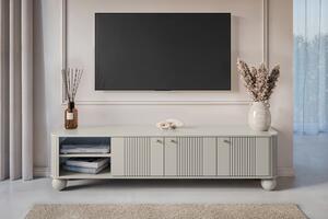 Comodă TV Vesper 187 cm cu trei uși - casmir cu mânere aurii și picioare sferice