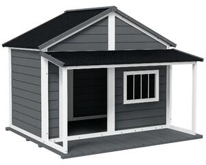 PawHut Casuță din Lemn de Exterior pentru Câini, Cușcă pentru Câini cu Terasă, Fereastră și Acoperiș Impermeabil, 124x112x105 cm, Gri | Aosom Romania