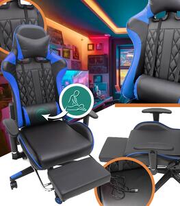 Scaun de masaj pentru gaming cu suport pentru picioare - albastru