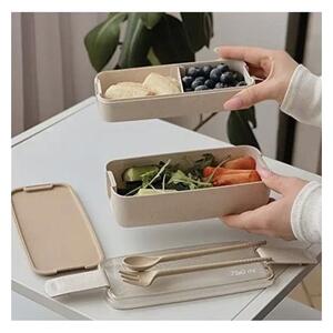 Caserola compartimentata pentru pranz, 750 ml, tacamuri incluse, 8.5x7.5x18 cm, crem