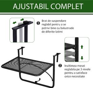 Outsunny Măsuță Suspendabilă pentru Balcon cu Brațe și Raft Reglabile, Design Compact, 60x56.5x45cm, Negru | Aosom Romania
