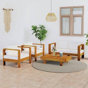 Set mobilier grădină perne alb/crem, 4 piese, lemn masiv acacia