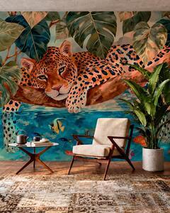Tapet Un leopard printre frunze tropicale, deasupra apei, alături de pești, Imagini de fundal unice, w05954v1 : Uwalls.ro