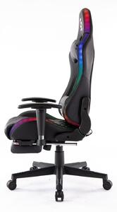 Scaun gaming cu sistem iluminare bandă LED RGB, masaj în perna lombară, suport picioare, funcție șezlong, 90-180 grade, Negru