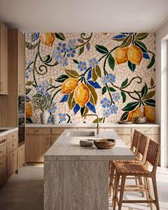Tapet Compoziție decorativă luminoasă în stil mozaic ceramic, cu lămâi suculente, flori, frunze și ramuri, Imagini de fundal unice, w09948 : Uwalls.ro