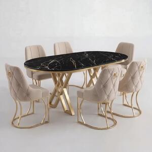 Set Masa și 6 Scaune Set Lucca, Stil Elegant, Detalii Aurii, 85x160 cm, Blat Marmorat Negru
