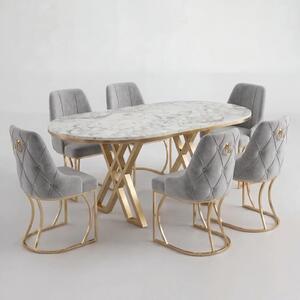 Set Masa și 6 Scaune Set Lucca, Stil Elegant, Detalii Aurii, 85x160 cm, Blat Marmorat Alb