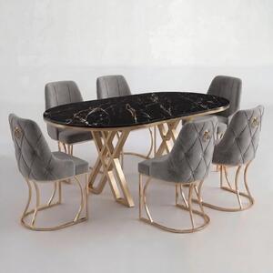 Set Masa și 6 Scaune Set Lucca, Stil Elegant, Detalii Aurii, 85x160 cm, Blat Marmorat Negru