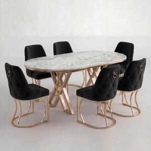 Set Masa și 6 Scaune Set Lucca, Stil Elegant, Detalii Aurii, 85x160 cm, Blat Marmorat Alb