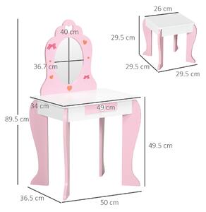ZONEKIZ Set de masa de machiaj cu scaun si oglinda si sertar din lemn MDF pentru copii de 3-6 ani, alb si roz | AOSOM RO