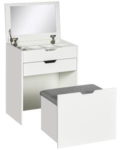 HOMCOM Masa de toaleta pentru dormitor cu oglinda si scaun asortat, masa de machiaj cu compartiment ascuns si sertar din lemn, alb | AOSOM RO
