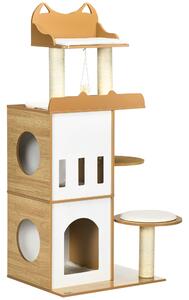 Ansamblu pentru pisici PawHut MDF cu stalpi de zgariat, 2 casute, platforme si minge, 60x48x133 cm, alb si stejar | Aosom RO