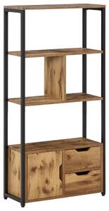 HOMCOM Biblioteca cu 3 Rafturi, Dulap si 2 Sertare, Biblioteca Stil Industrial din PAL si Metal, 58x24x122 cm, Negru si Lemn natur | Aosom Romania