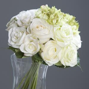 Buchet trandafiri si hortensii artificiale crem-verde - 35 cm