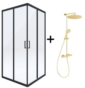 Set cabina dus neagra patrata 90x90 cm plus coloana dus cu termostat auriu lucios FDesign Anima